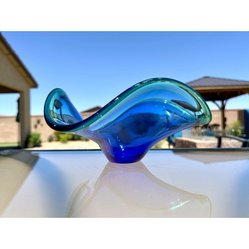 Vintage Murano Sargasso Style Blue Teal Rim Wave Bowl 10” with Original Sticker